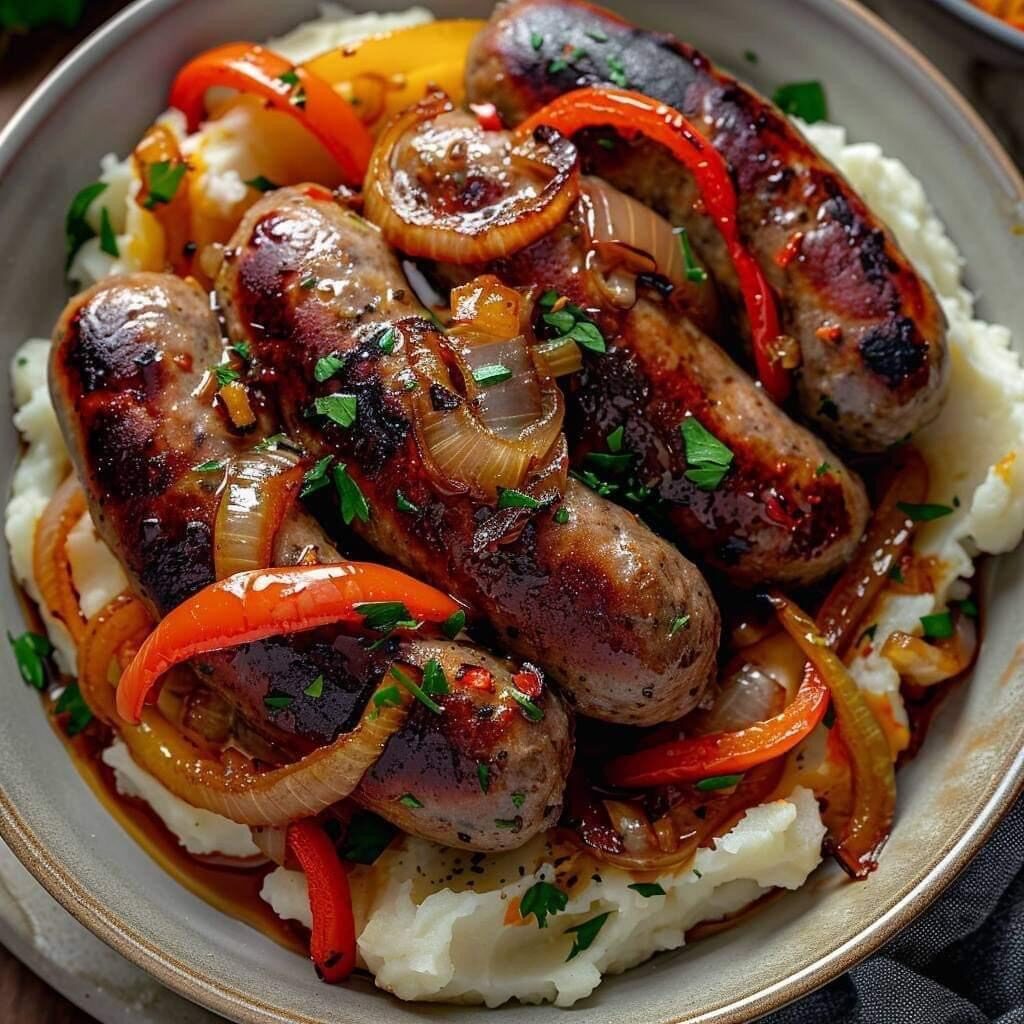 Rustic Italian Sausage with Peppers and Onions over Garlic Mashed Potatoes IMG 5844 1024x1024