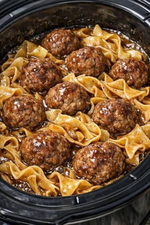 Slow Cooker 4-Ingredient Amish Meatball Noodles