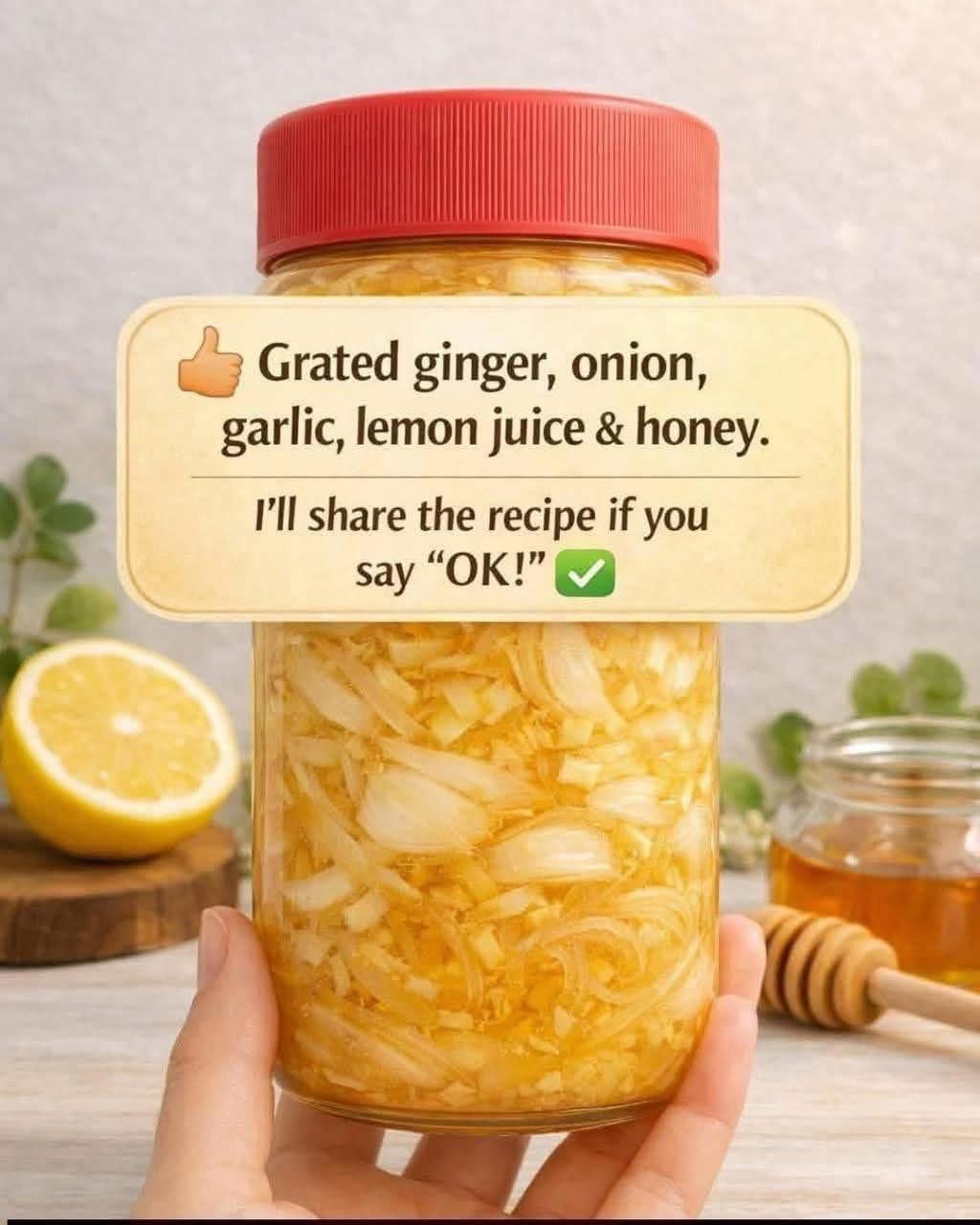 Grated ginger, onion, garlic, lemon juice, and honey. One teaspoon a day